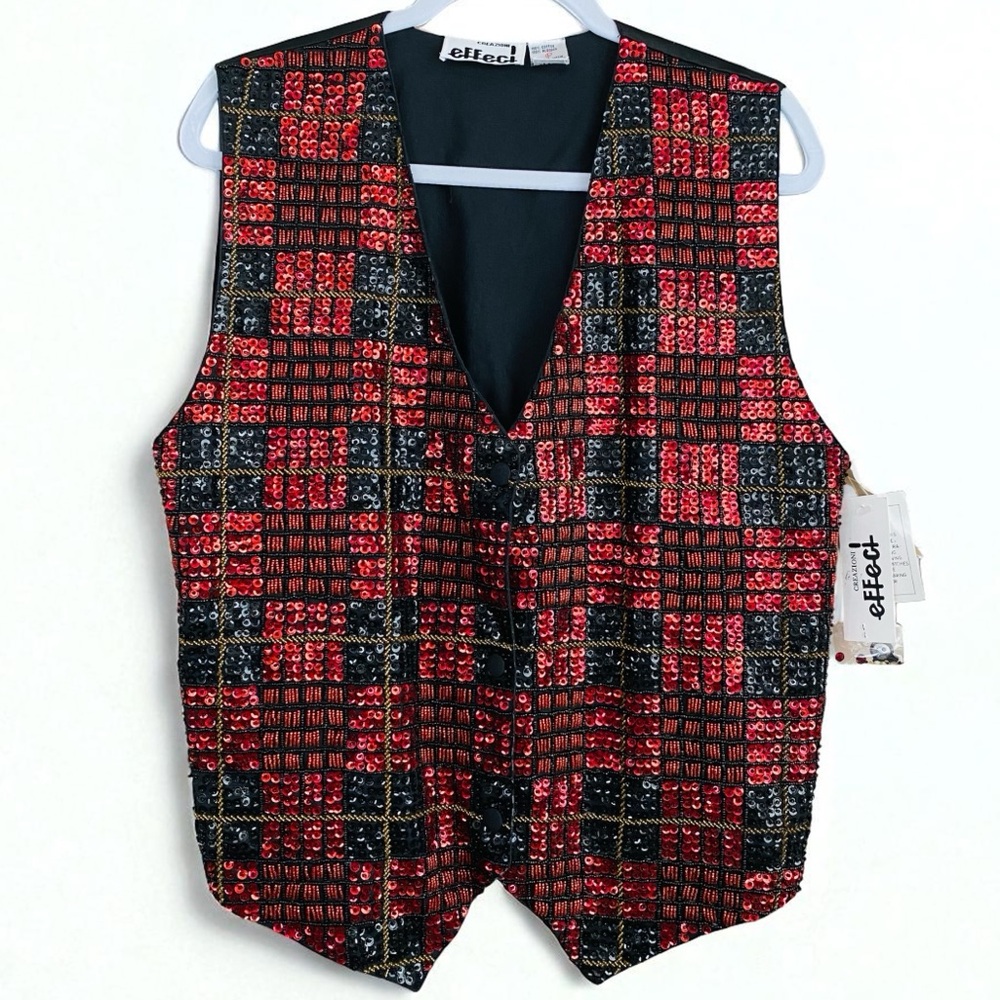 Creazioni Effect NWT Vtg Sequin Beaded Checkered Plaid Button Down Vest Large‎